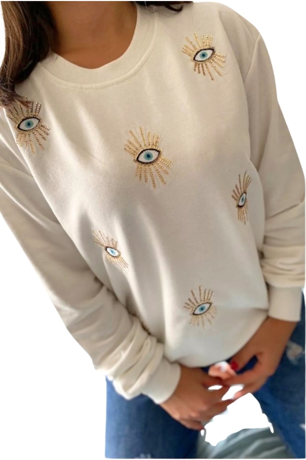 Ava Women's Cotton Embellished Evil Eye Sweatshirt - White Multi Evil Eye Design