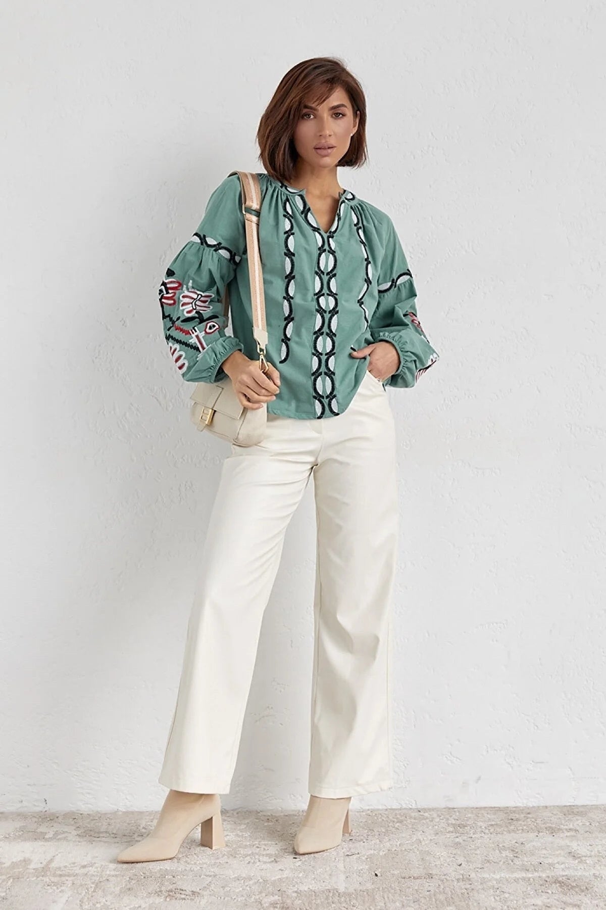 Rosa Women's Cotton Embroidered Long Sleeve Tie Blouse - White with Light Green Embroidery
