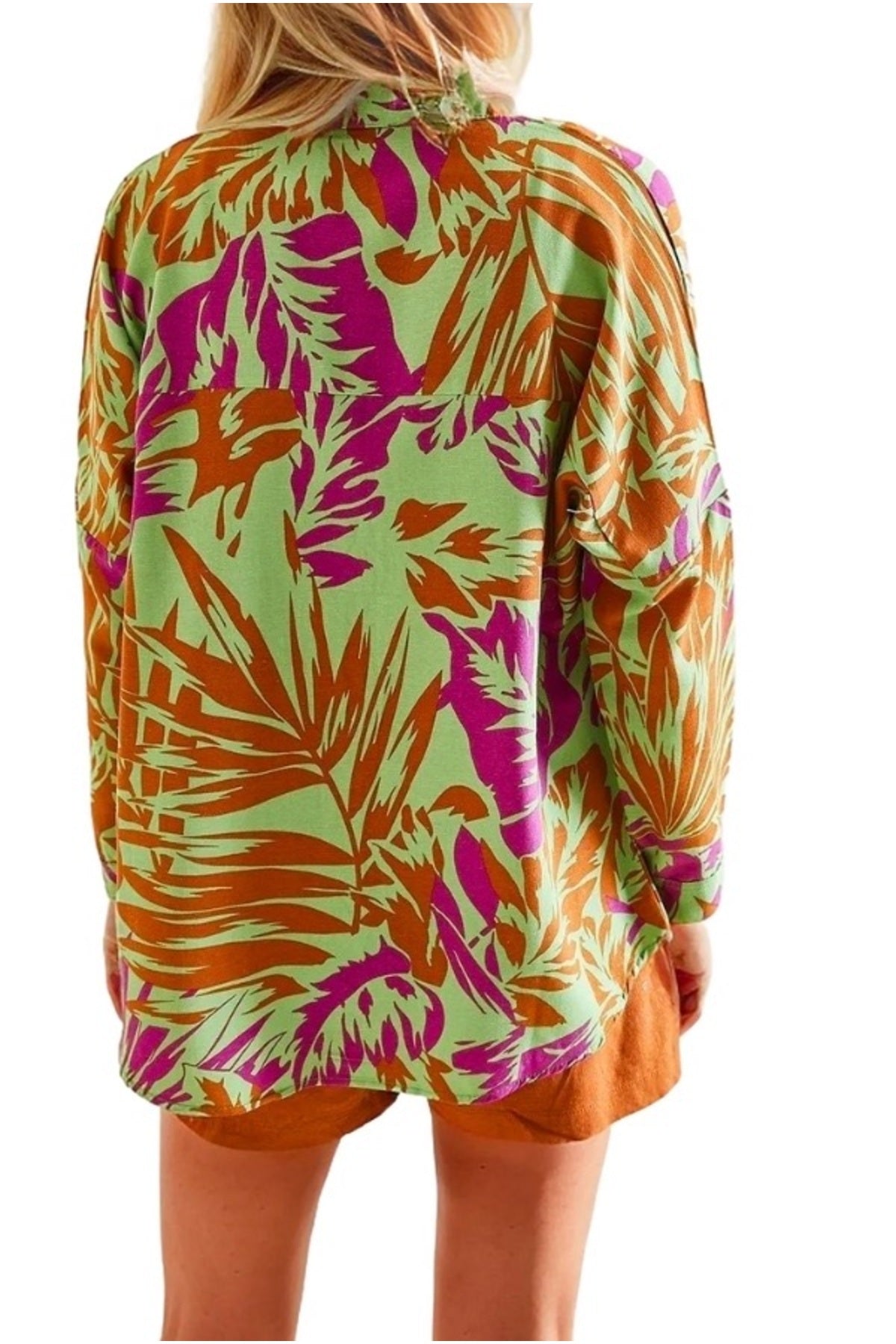 Emilia Women's Linen-Viscose Blend Oversized Printed Shirt - Green and Fuchsia Print