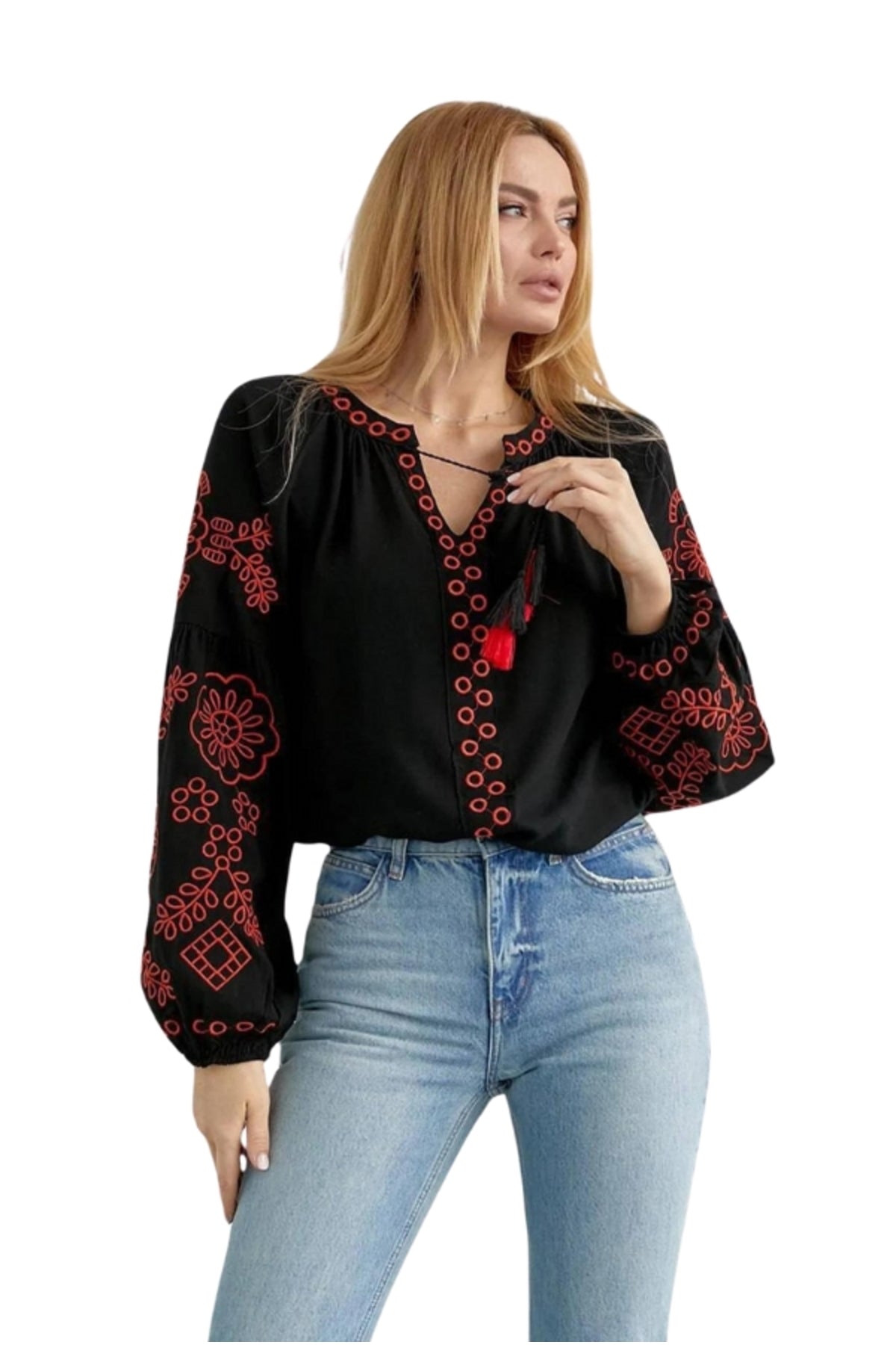 Tabitha Women's Cotton Blend Boho Embroidered Tassel Blouse - Black with Red Embroidery