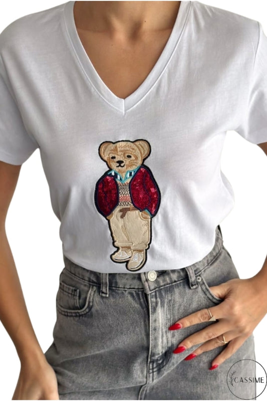Olivia Women's Cotton Plus Size Embellished V-Neck T-Shirt - White Teddy Bear Print