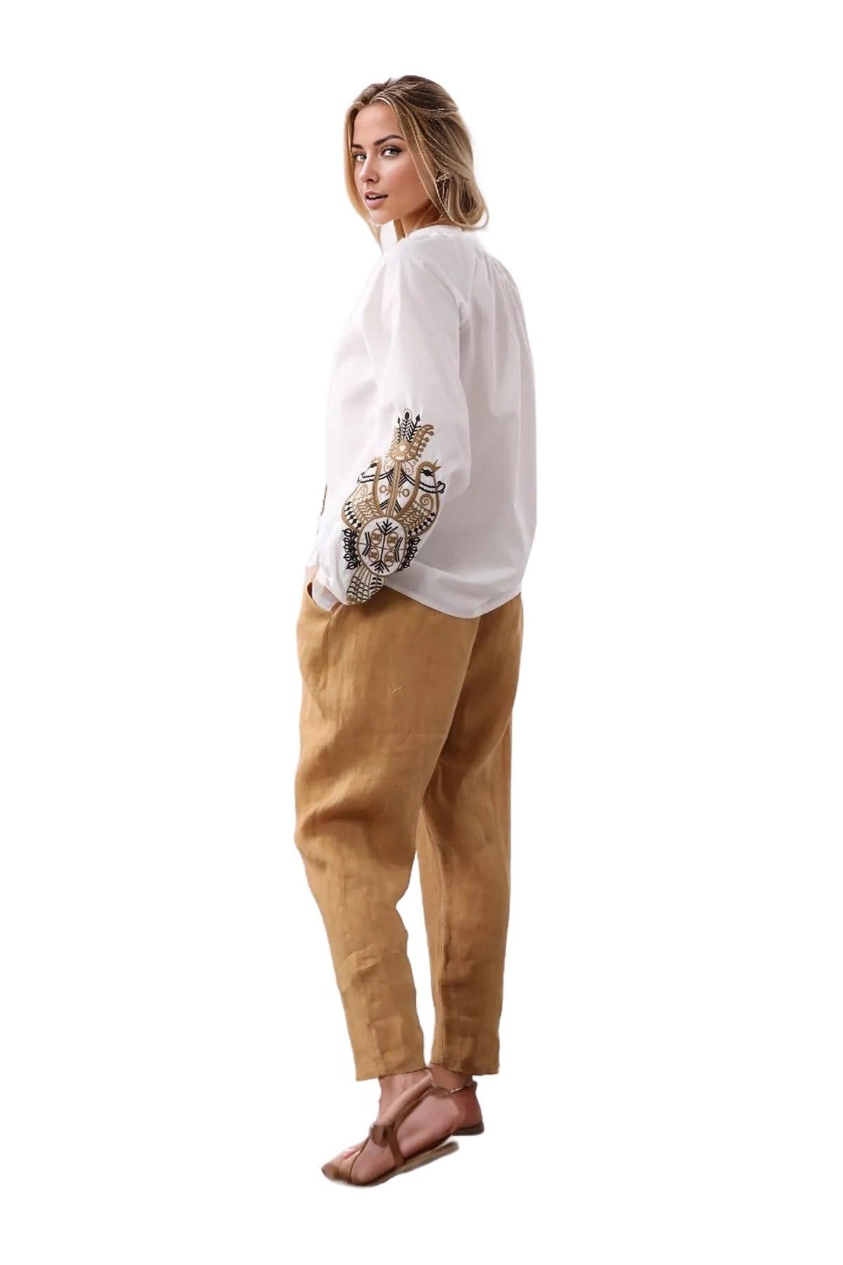 Nicole Women's Cotton Embroidered Long Sleeve Blouse - White with Gold Embroidery