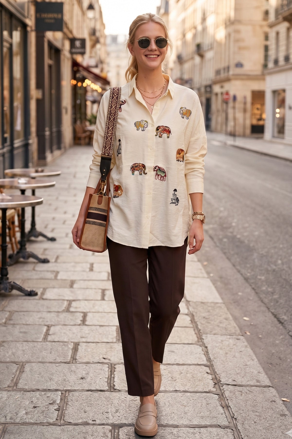 Delilah Women's Cotton Oversized Embellished Long Sleeve Shirt - Cream Elephant