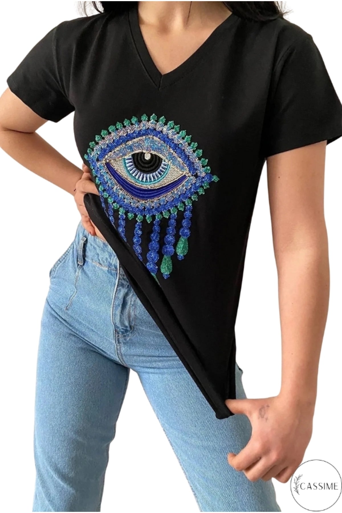 Olivia Women's Cotton Plus Size Embellished V-Neck T-Shirt - Black Evil Eye Pattern