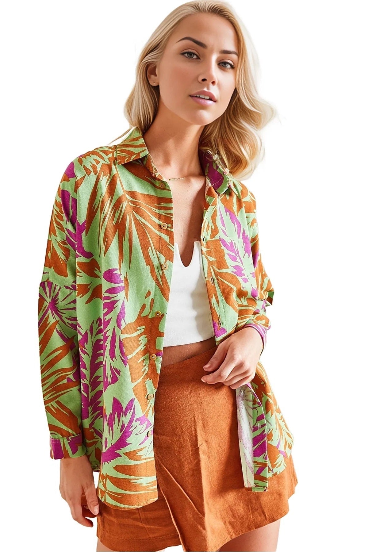Emilia Women's Linen-Viscose Blend Oversized Printed Shirt - Green and Fuchsia Print