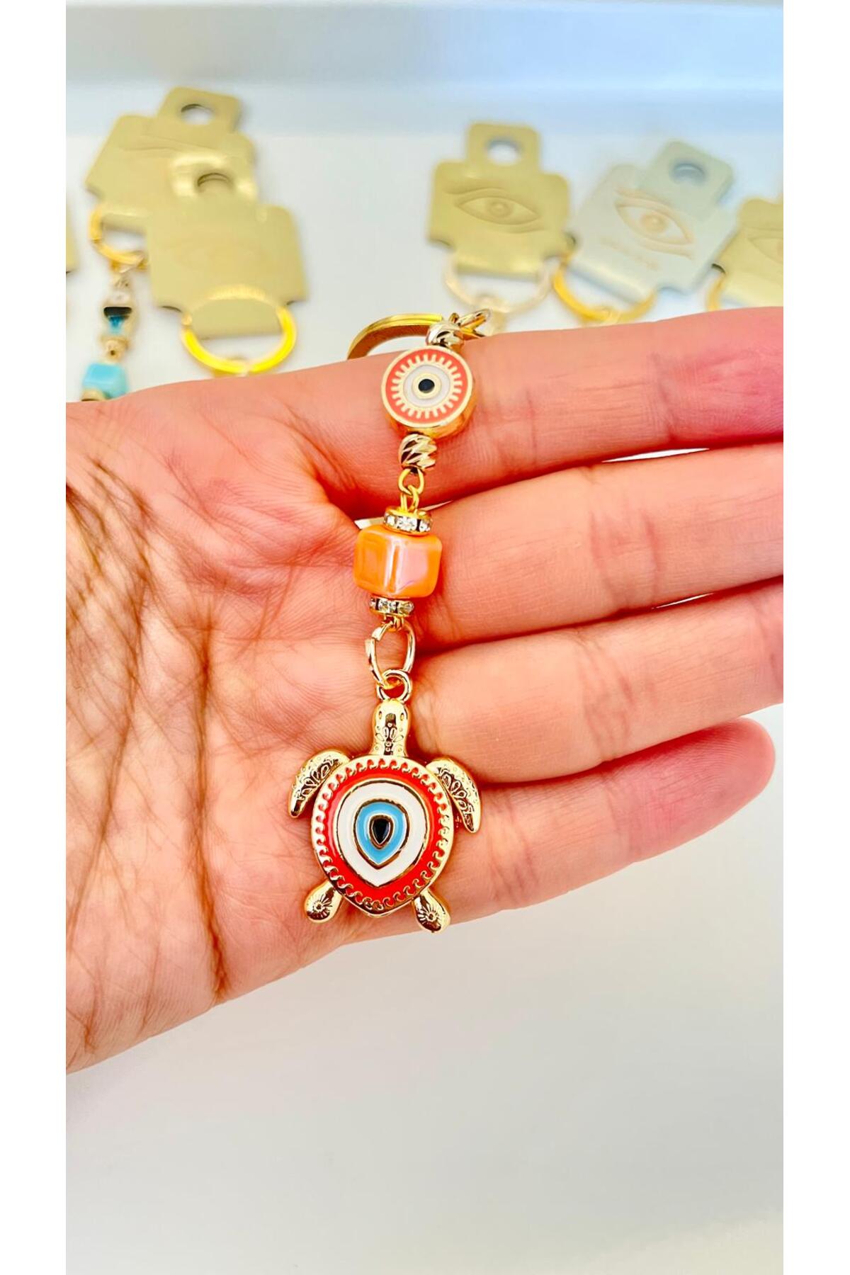 Hannah Gold-Plated Bodrum Bead Keychain - Orange Turtle