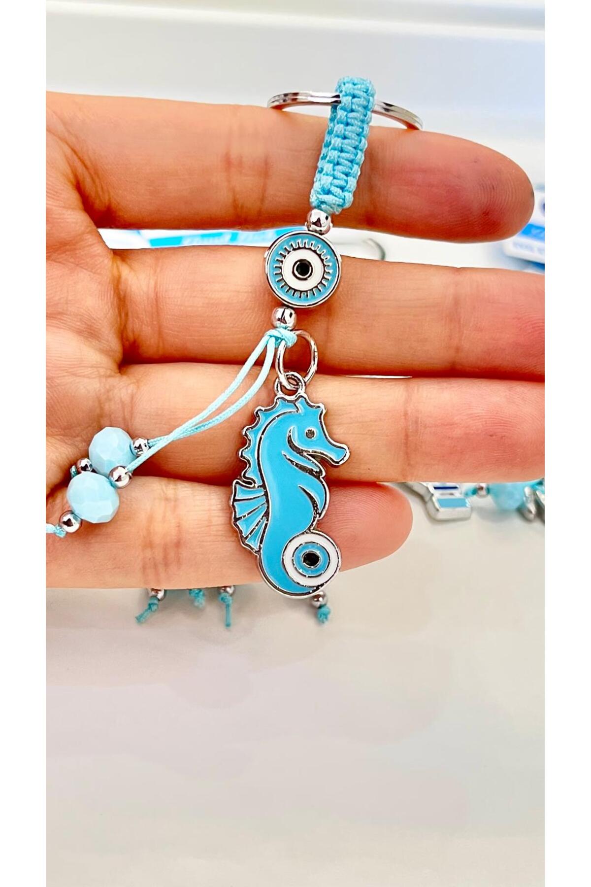 Abigail Silver-Plated Evil Eye Keychain - Light Blue Seahorse