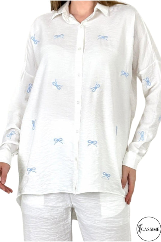 Delilah Women's Cotton Oversized Embellished Long Sleeve Shirt - White with Bow Embroidery