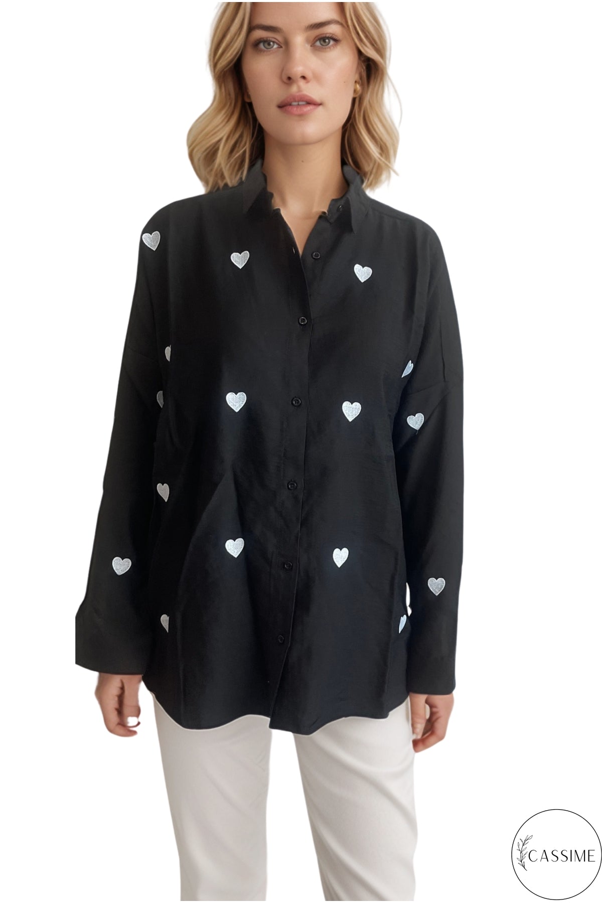 Delilah Women's Cotton Oversized Embellished Long Sleeve Shirt - Black with Heart Embroidery