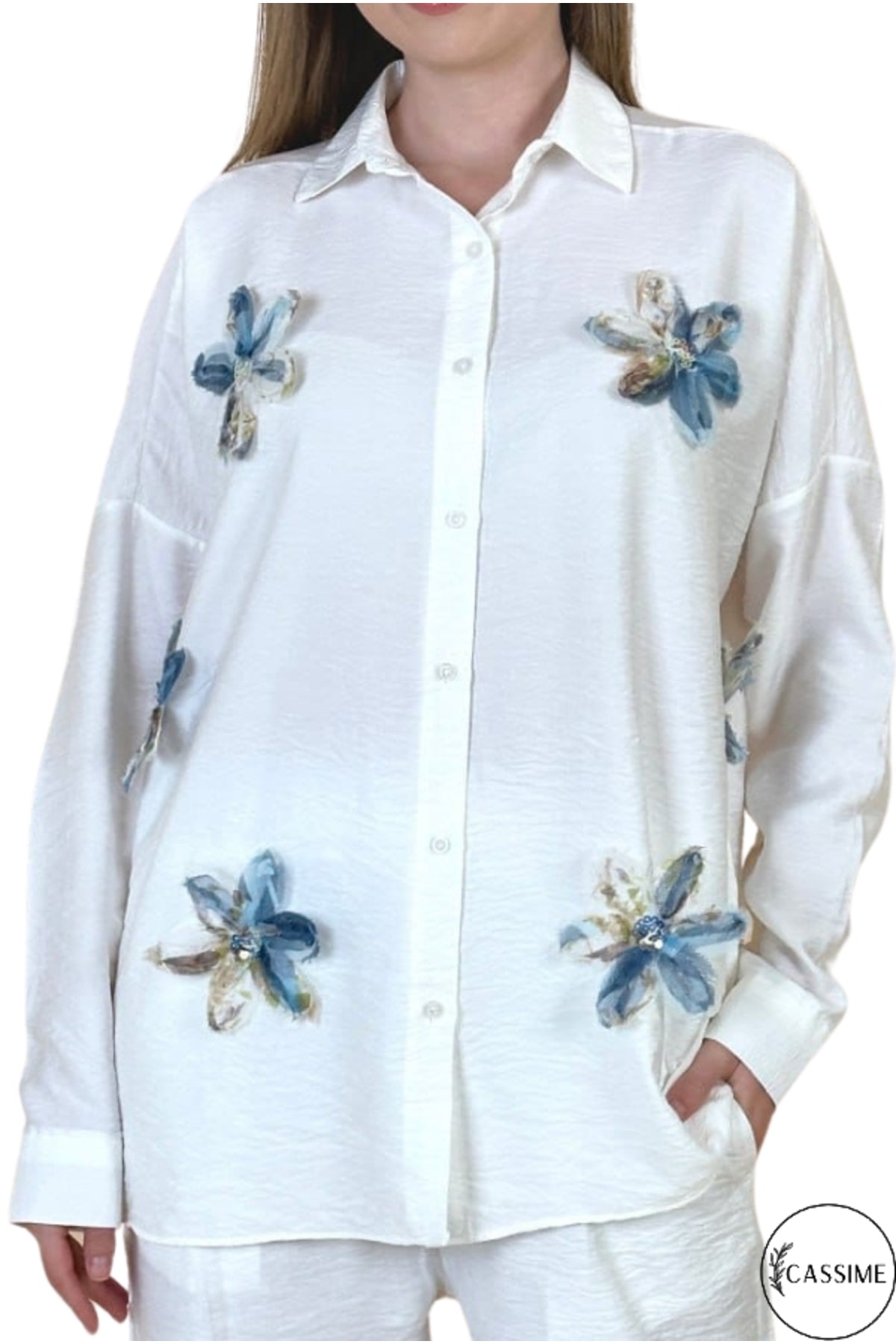 Delilah Women's Cotton Oversized Embellished Long Sleeve Shirt - White with Blue Tulle Embroidery