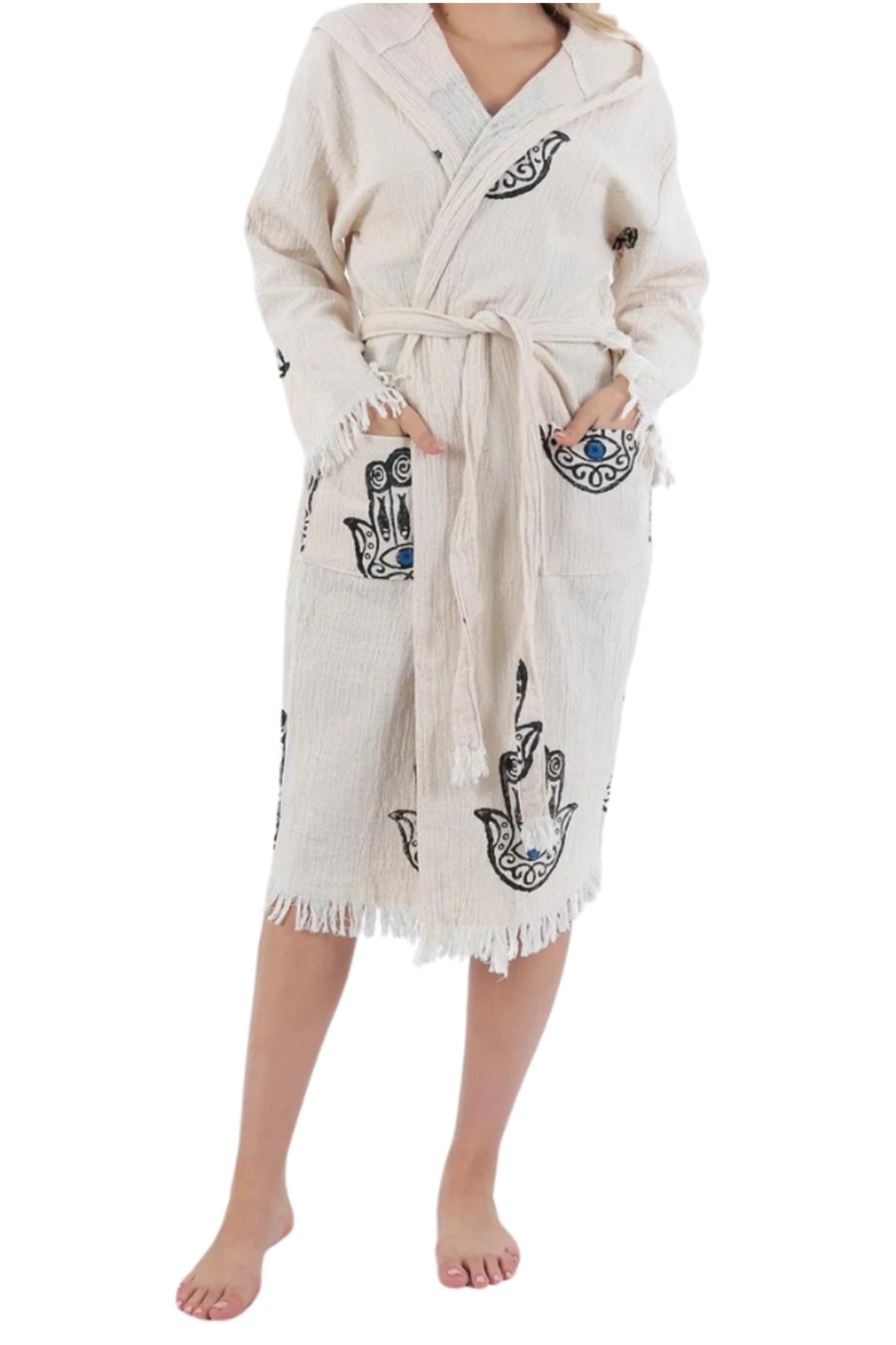 Thea Women's Hamsa Print Muslin Robe - Blue Hamsa Print