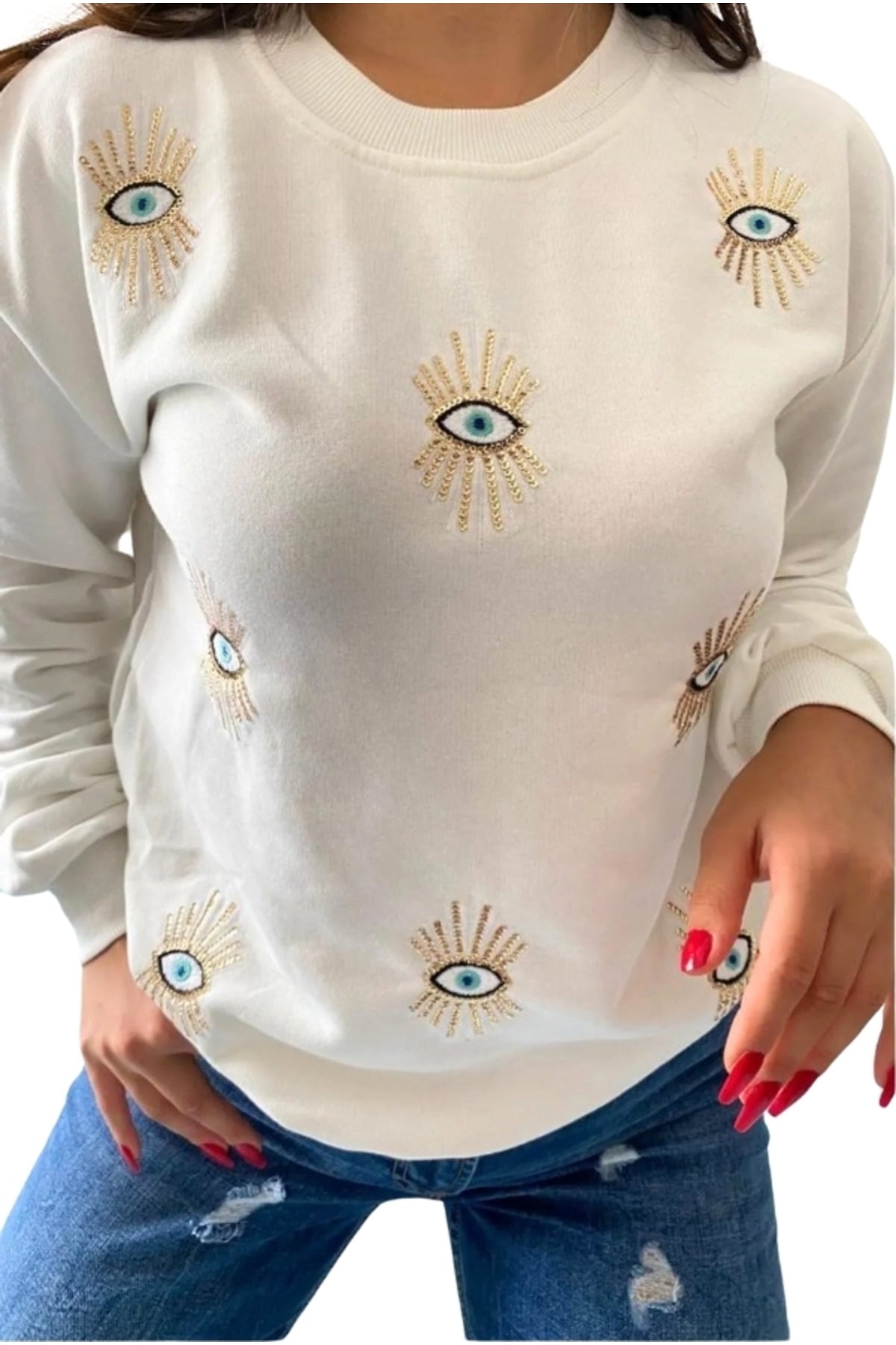 Ava Women's Cotton Embellished Evil Eye Sweatshirt - White Multi Evil Eye Design