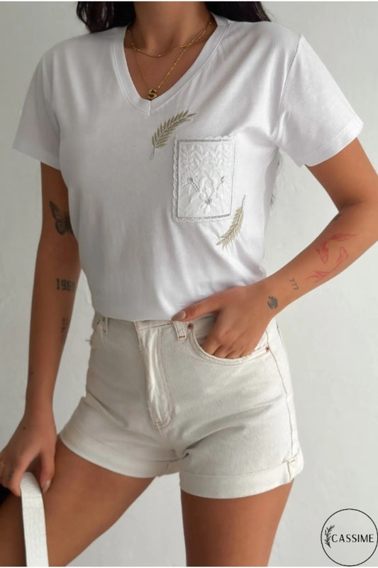 Olivia Women's Cotton Plus Size Embellished V-Neck T-Shirt - White with Pocket Embroidery