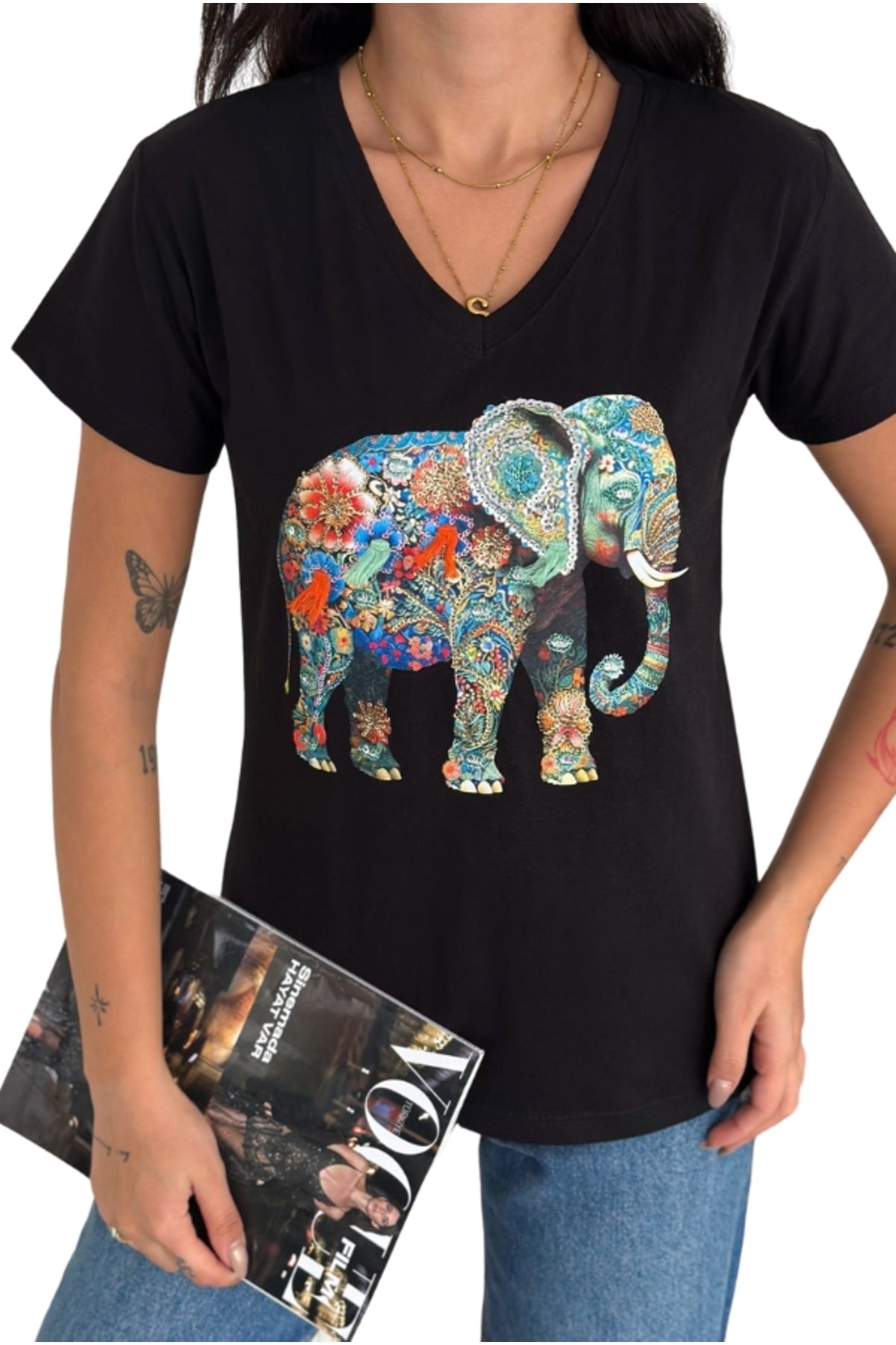 Olivia Women's Cotton Plus Size Embellished V-Neck T-Shirt - Black with Multicolor Elephant Sequins
