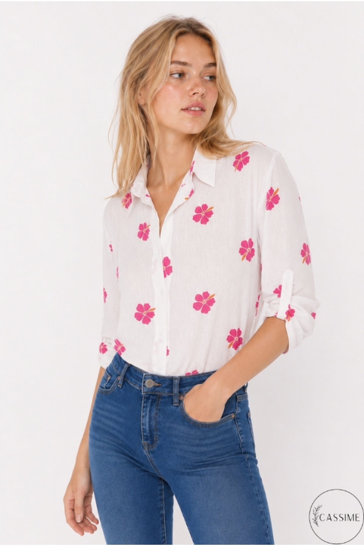 Robyn Women's Linen-Viscose Blend Roll-Sleeve Button-Up Shirt - Pink Clover