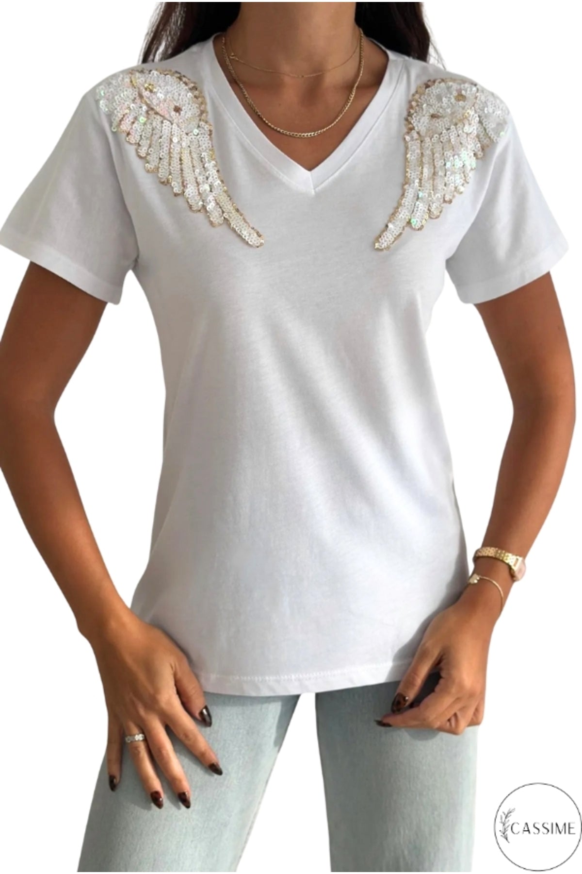 Sophie Women's Cotton Embellished V-Neck T-Shirt - White Angel Wing Design