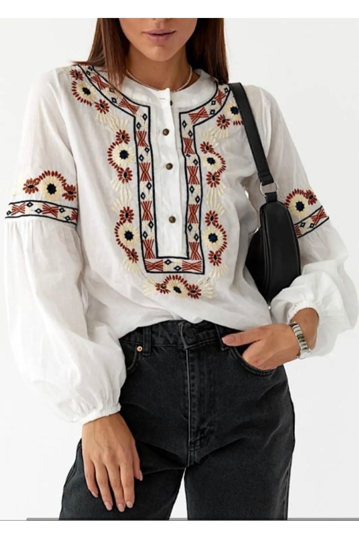 Summer Women's Cotton Boho Embroidered Button-Up Blouse - White