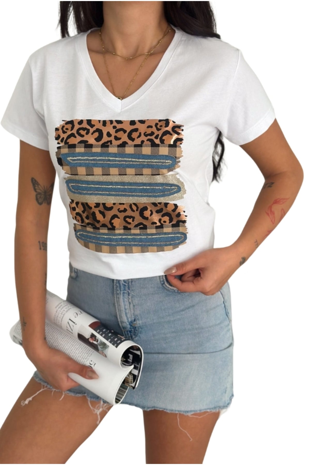 Olivia Women's Cotton Plus Size Embellished V-Neck T-Shirt - White Leopard Print