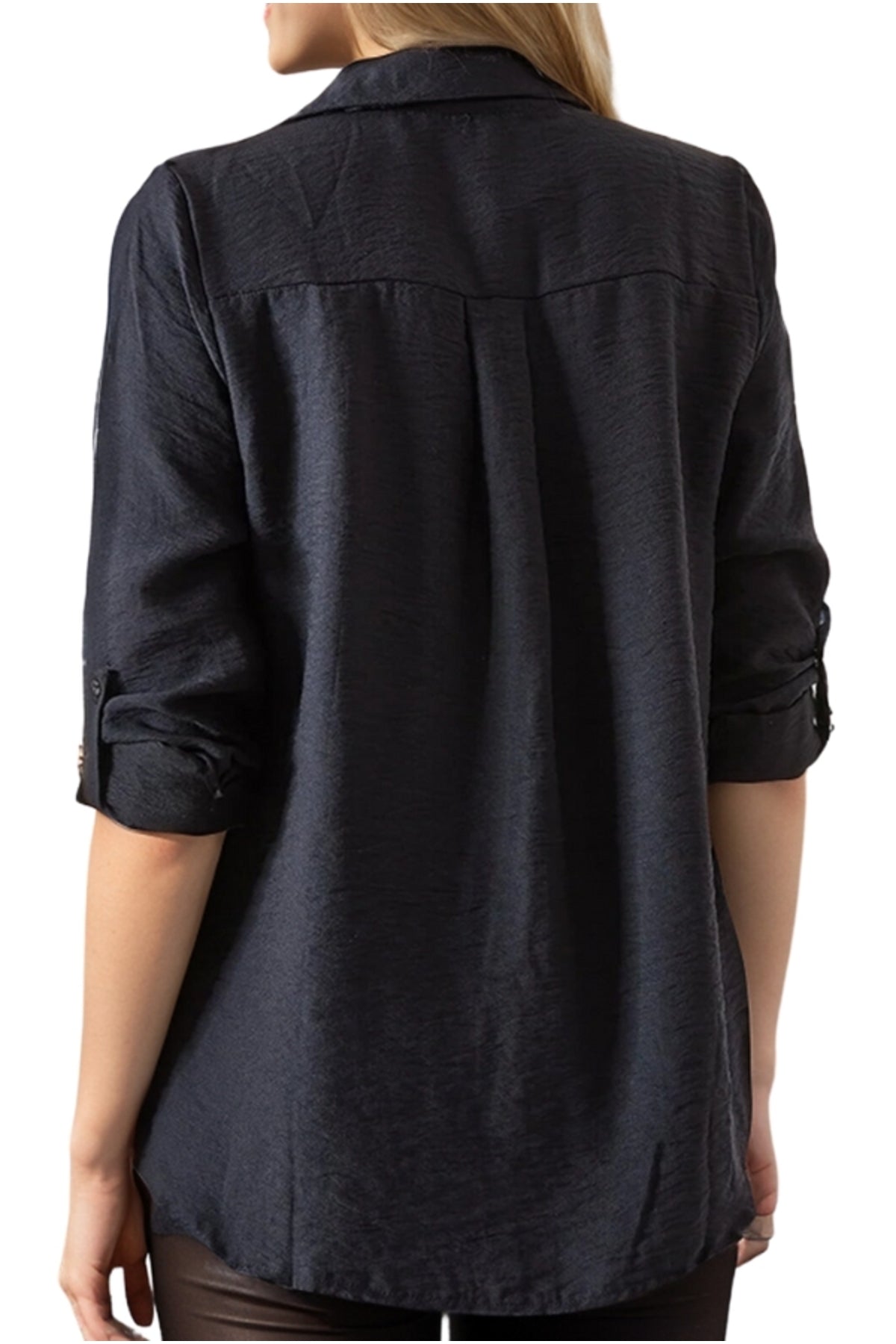 Gemma Women's Lace Pattern Roll-Sleeve Shirt - Black