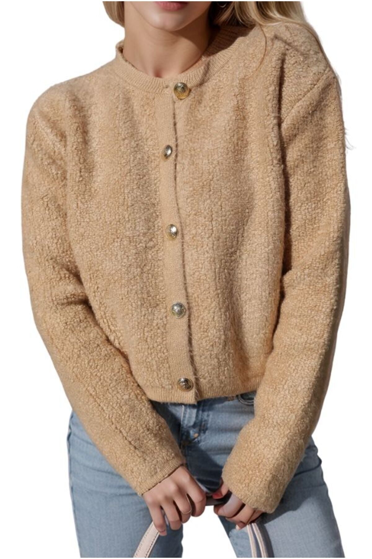 Kayla Women's Gold-Tone Button Teddy Cardigan - Beige