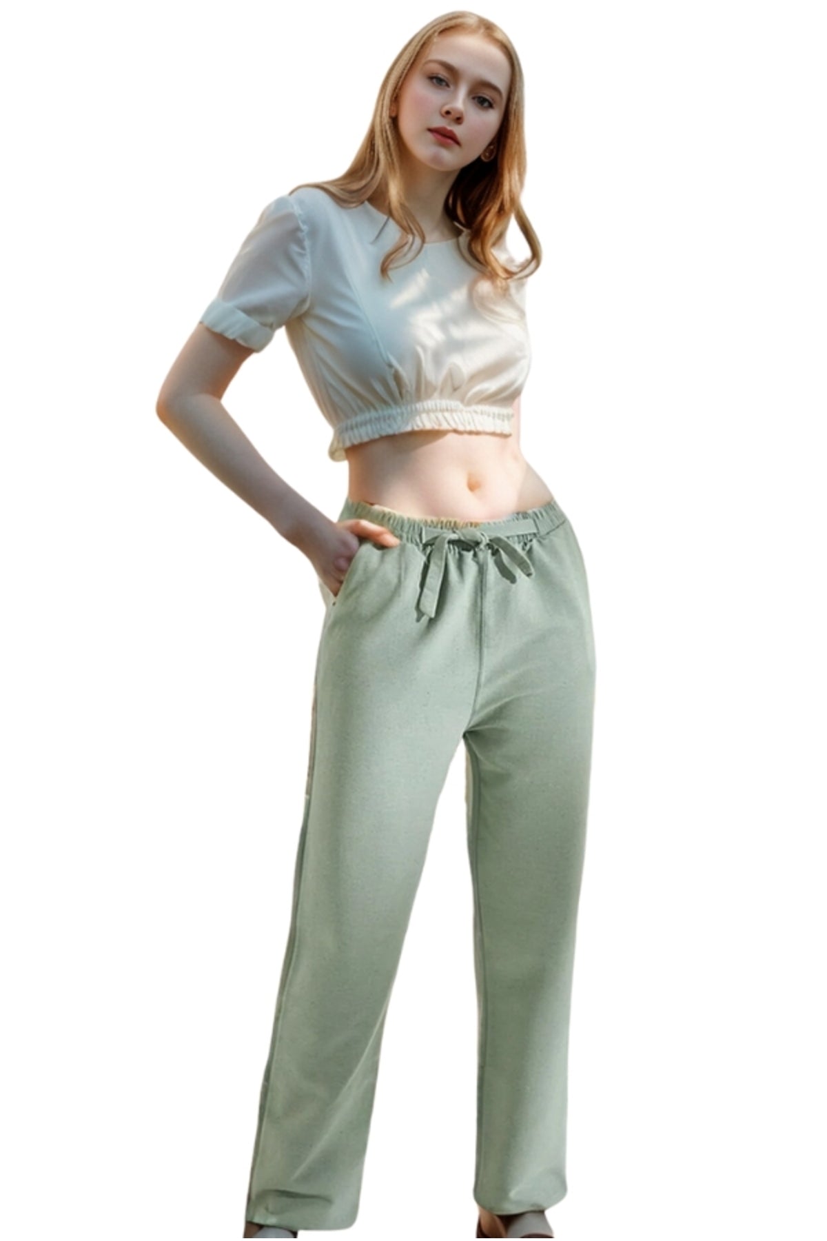 Victoria Women's Linen-Viscose Blend Belted Tapered Pants with Pockets - Almond Green