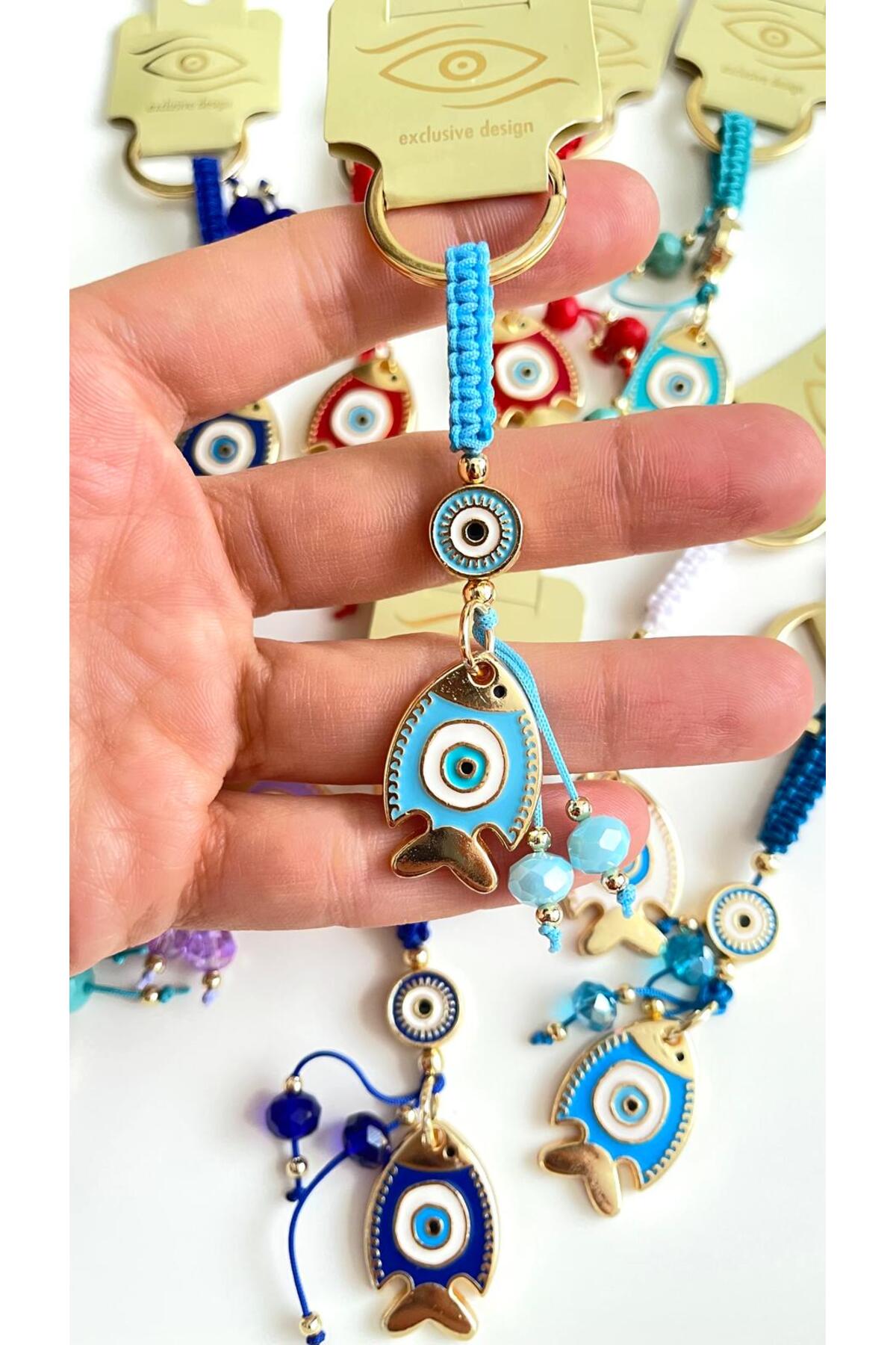 Ivy Gold-Plated Evil Eye Keychain - Light Blue Fish Design