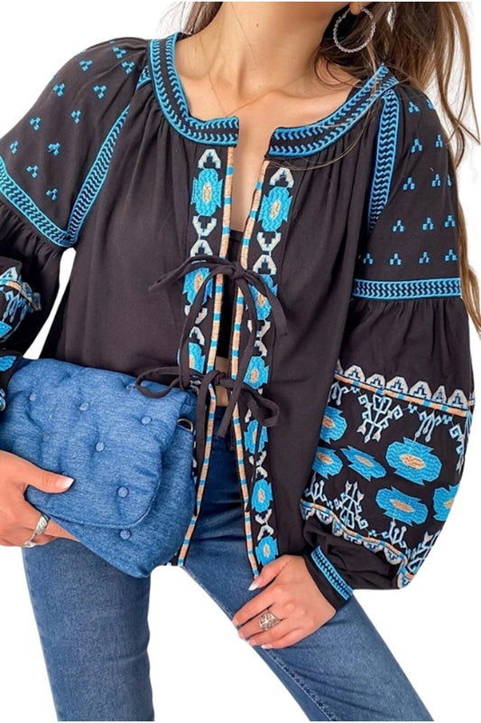 Vivian Women's Vintage Inspired Embroidered Jacket - Black with White Embroidery