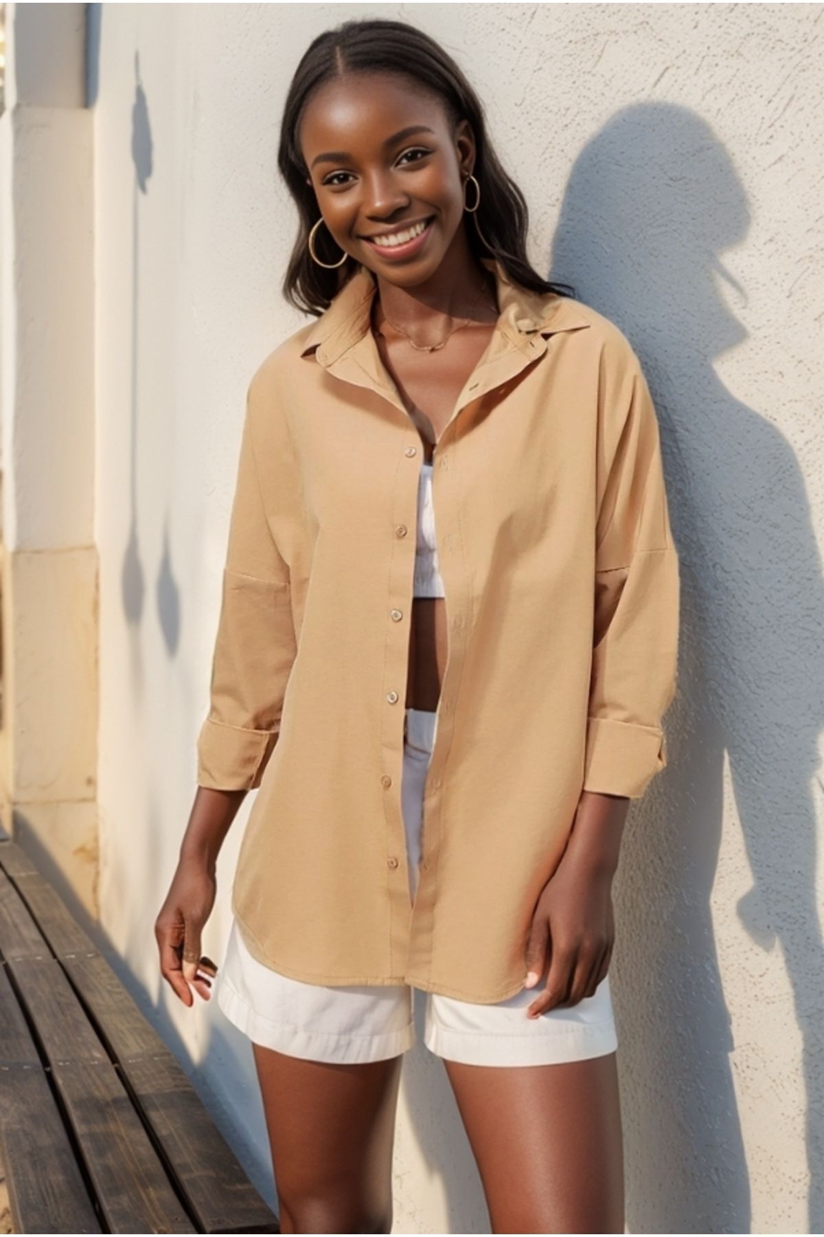 Melissa Women's Oversized Longline Shirt - Beige