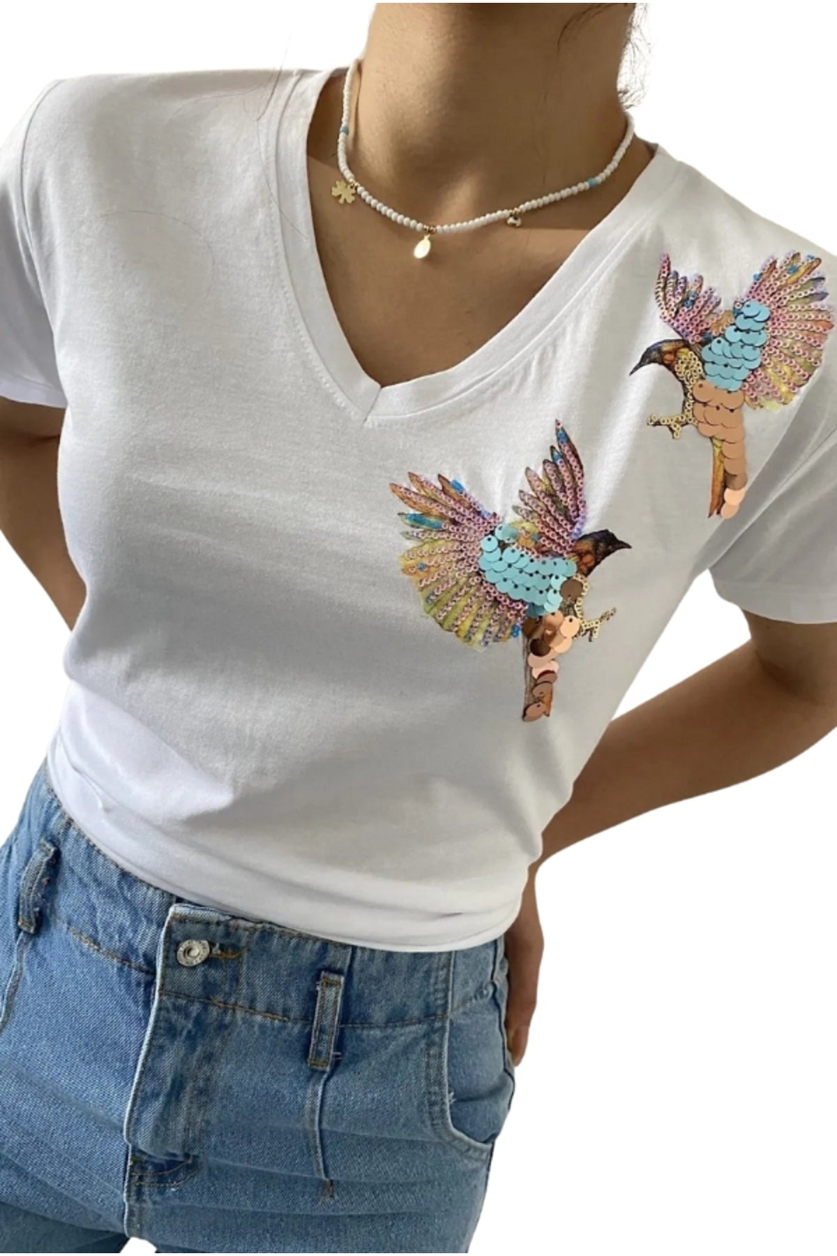 Olivia Women's Cotton Plus Size Embellished V-Neck T-Shirt - White with Bird Embroidery