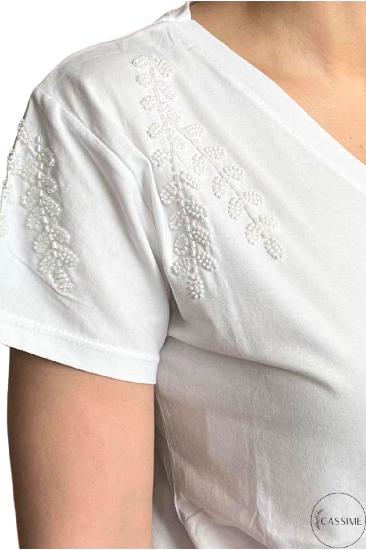Emma Women's Cotton Embellished T-Shirt - White with Floral Shoulder and Sleeve Sequins