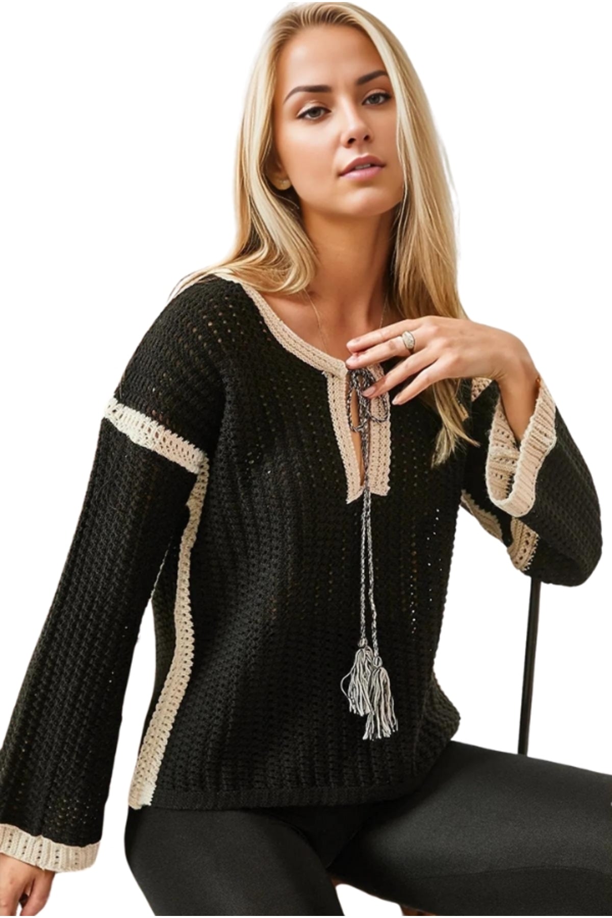Cassidy Women's Openwork Tie-Neck Sweater - Black