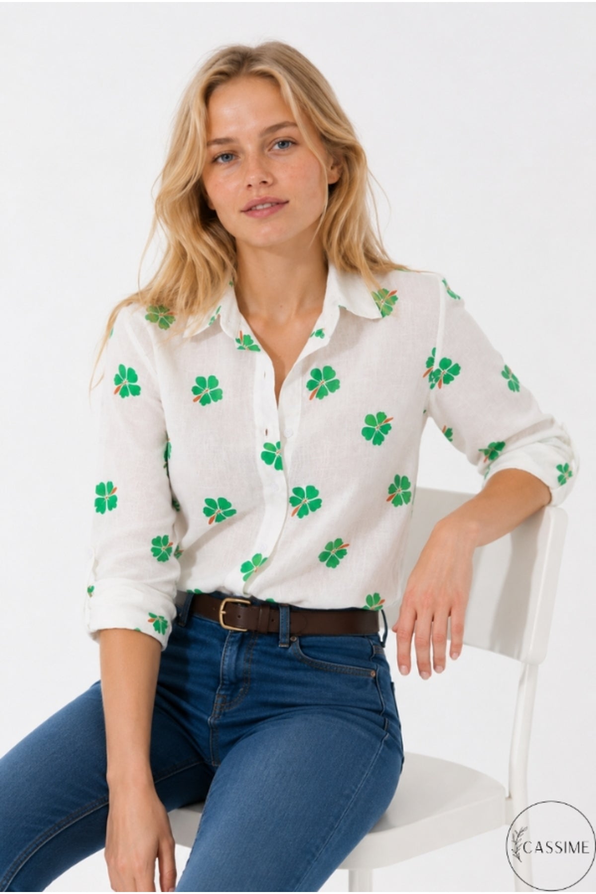 Robyn Women's Linen Blend Roll-Sleeve Button-Up Shirt - White with Green Clover Print