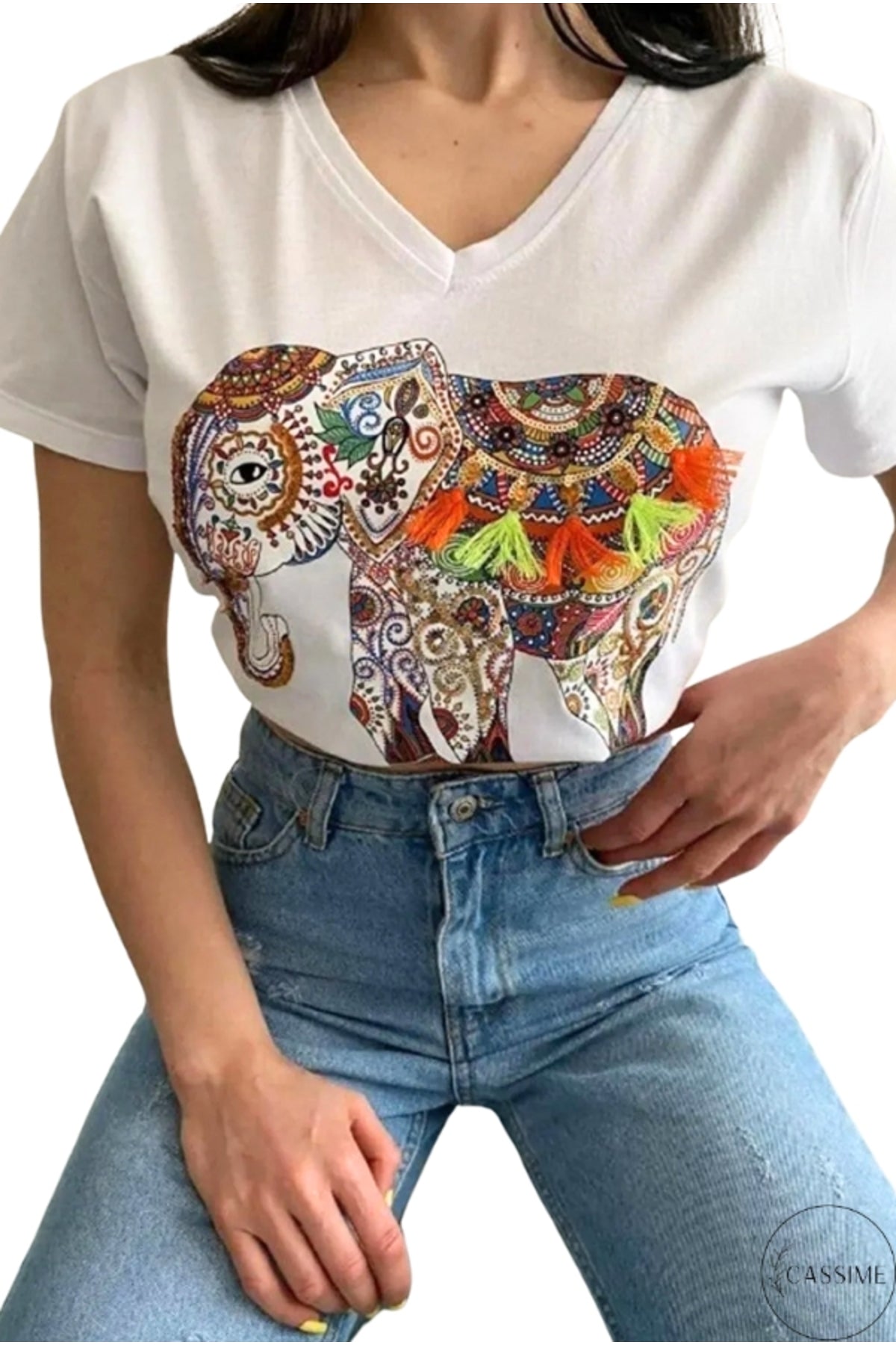 Sophie Women's Cotton Embellished V-Neck T-Shirt - White with Multicolor Tassel Elephant