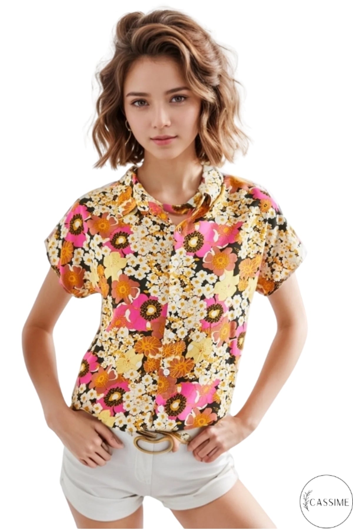 Charlotte Women's Short Sleeve Batwing Shirt - Pink and Orange Daisy Print