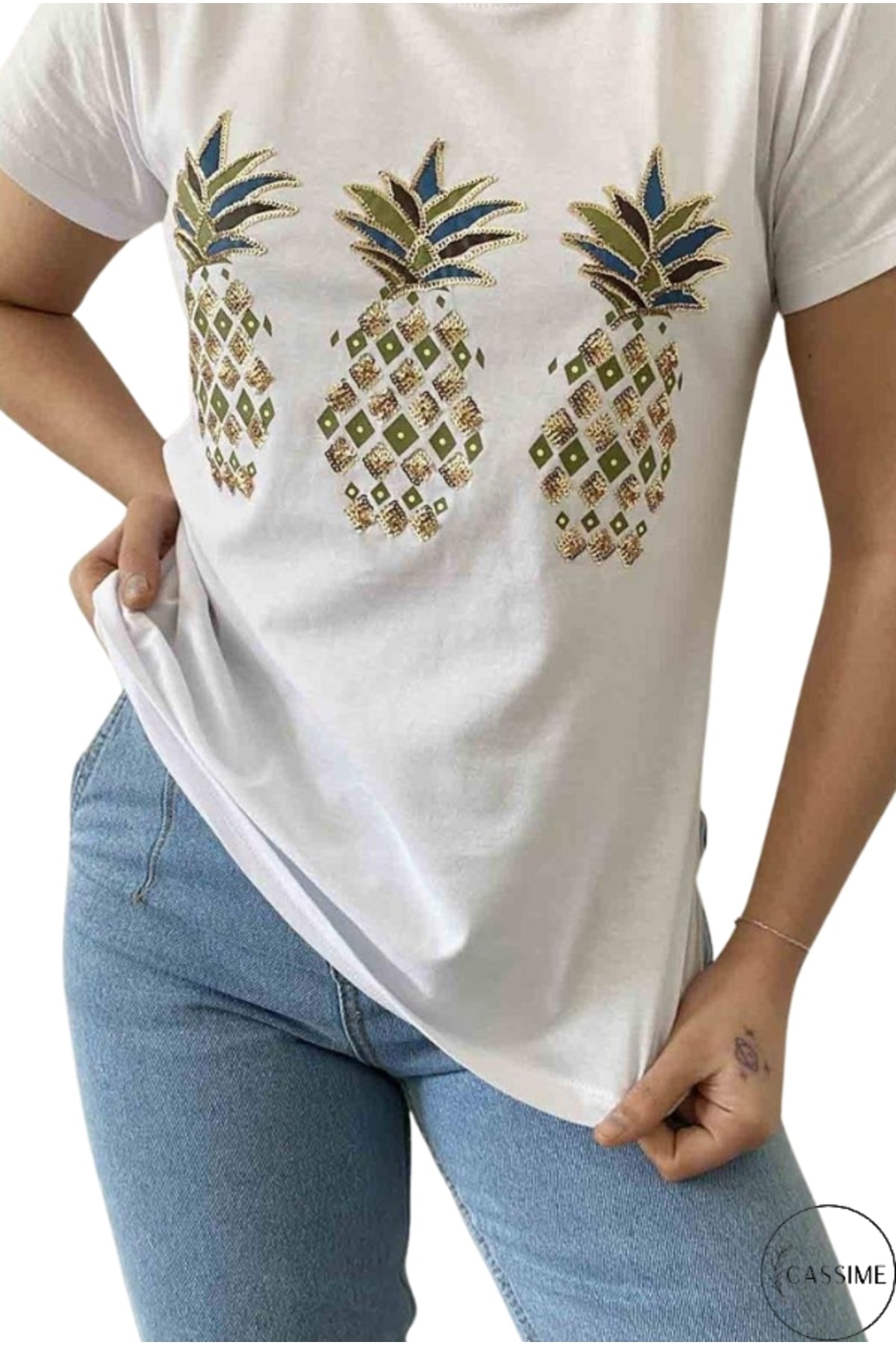 Olivia Women's Cotton Plus Size Embellished V-Neck T-Shirt - White with Pineapple Embroidery