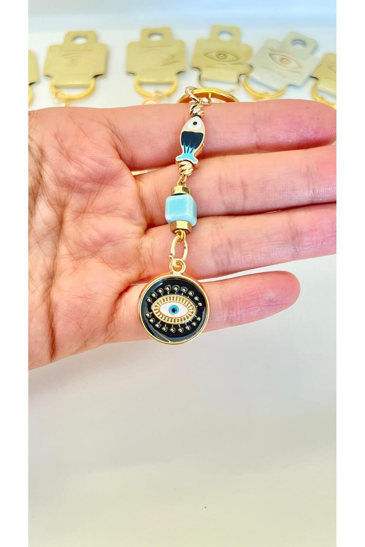 Hannah Gold-Plated Bodrum Bead Keychain - Black Evil Eye