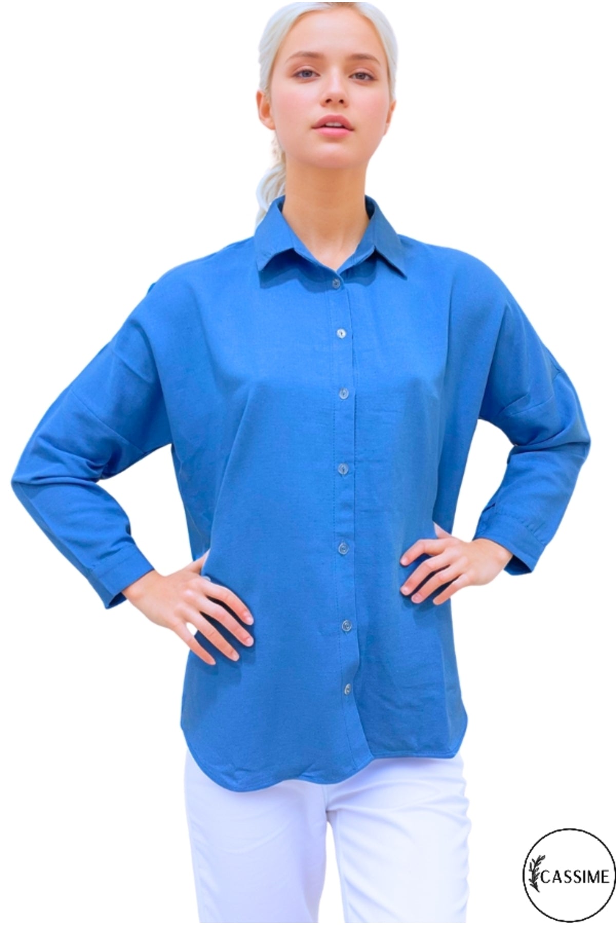 Harriet Women's Linen-Viscose Blend Oversized Long Sleeve Shirt - Blue