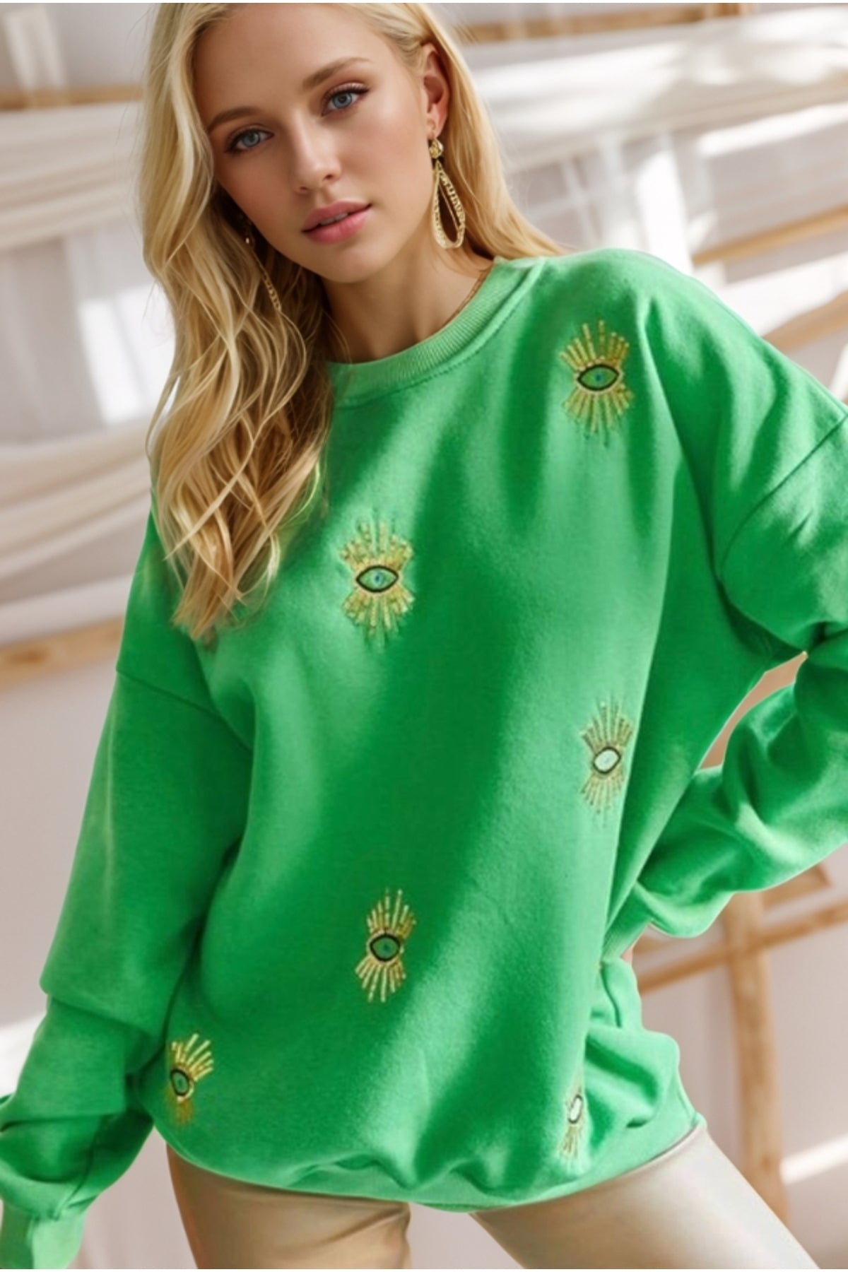 Ava Women's Cotton Embellished Evil Eye Sweatshirt - Green Multi Evil Eye Design