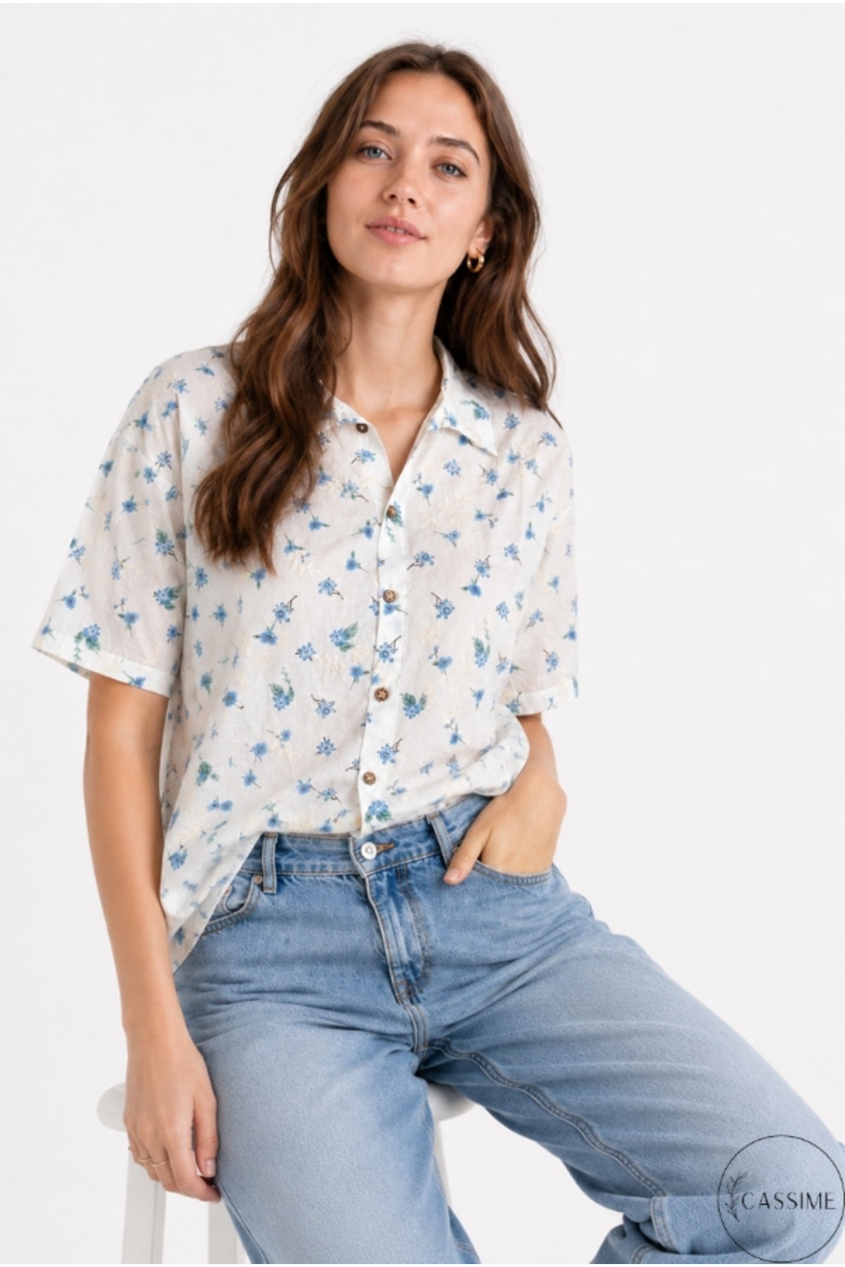 Alice Women's Cotton Floral Short Sleeve Shirt - Ecru with Blue Ditsy Flowers