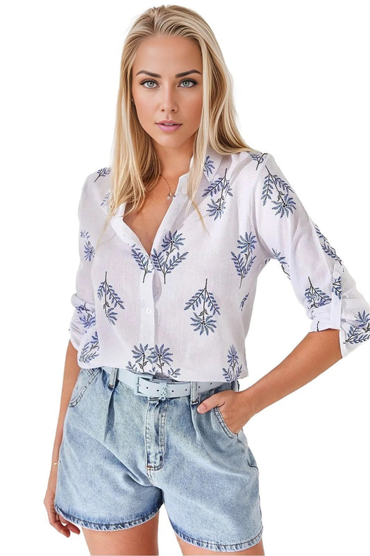 Robyn Women's Cotton Blend Roll-Sleeve Button-Up Shirt - Blue Pinwheel