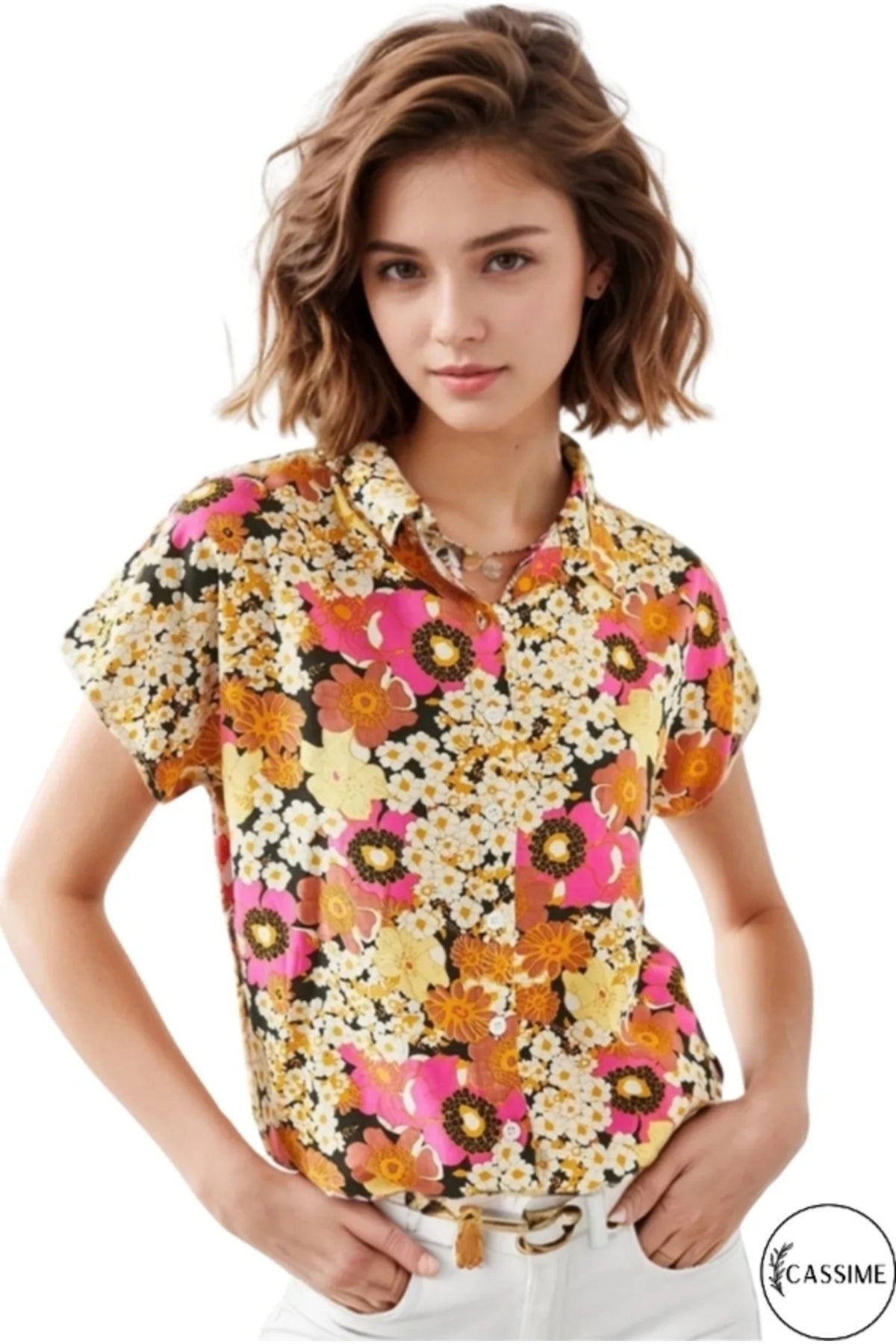 Charlotte Women's Short Sleeve Batwing Shirt - Pink and Orange Daisy Print