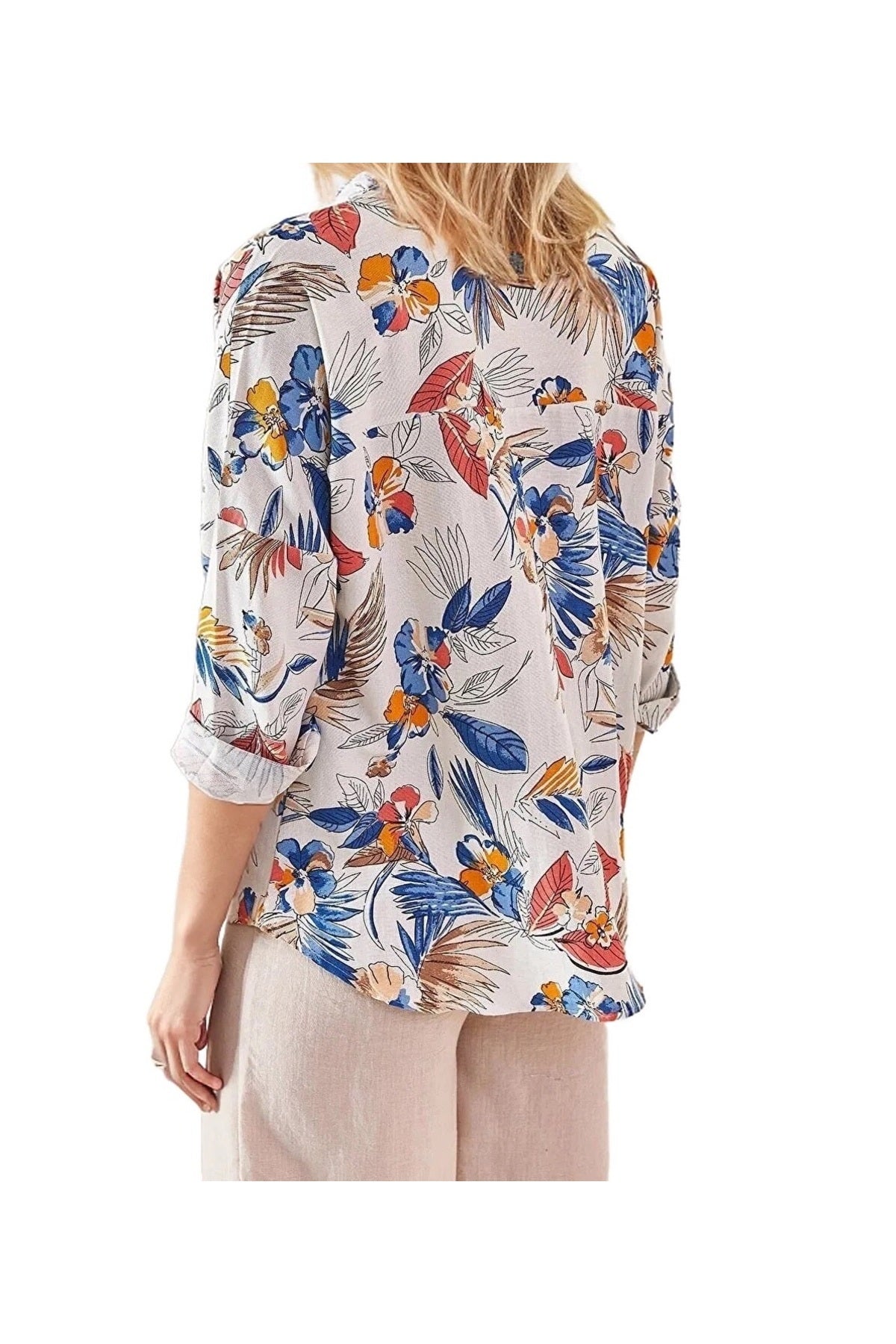Emilia Women's Linen Blend Oversized Printed Shirt - Light Blue and Orange Print
