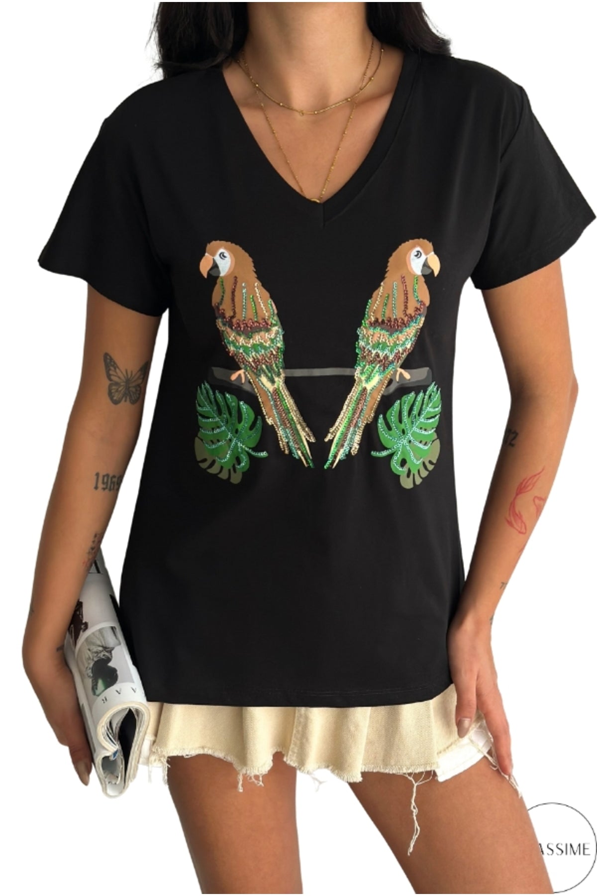 Olivia Women's Cotton Plus Size Embellished V-Neck T-Shirt - Black with Parrot and Leaf Sequins
