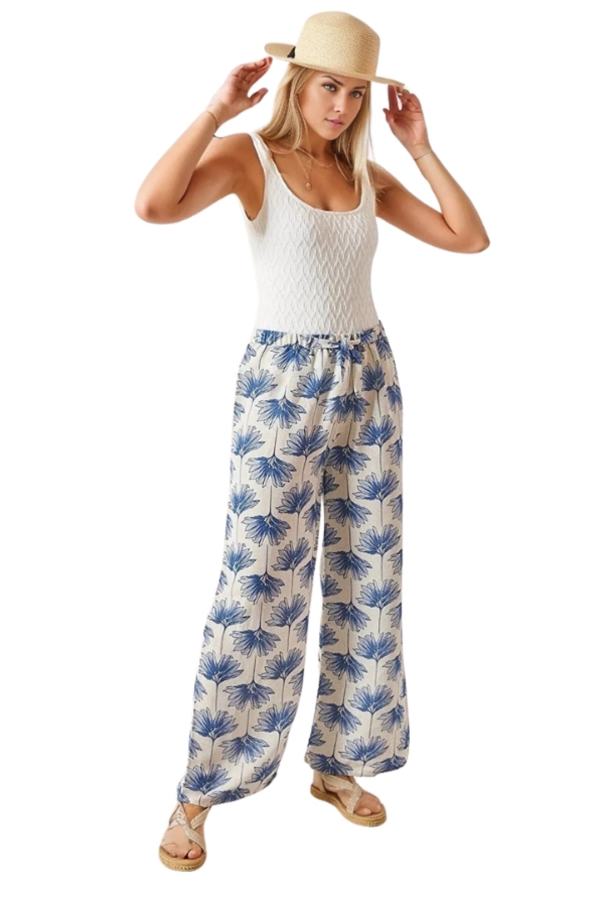 Lucy Women's Linen Blend Wide Leg Palazzo Pants - Cream with Blue Floral Print