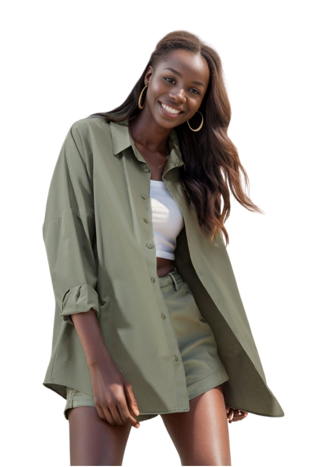 Melissa Women's Cotton Blend Oversized Longline Shirt - Khaki