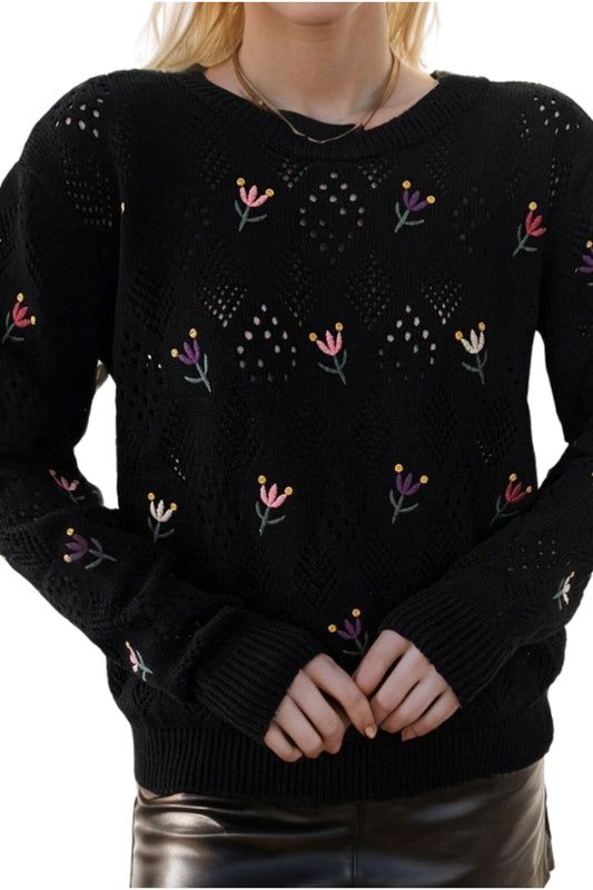 Rosalie Women's Floral Embroidered Openwork Sweater - Black