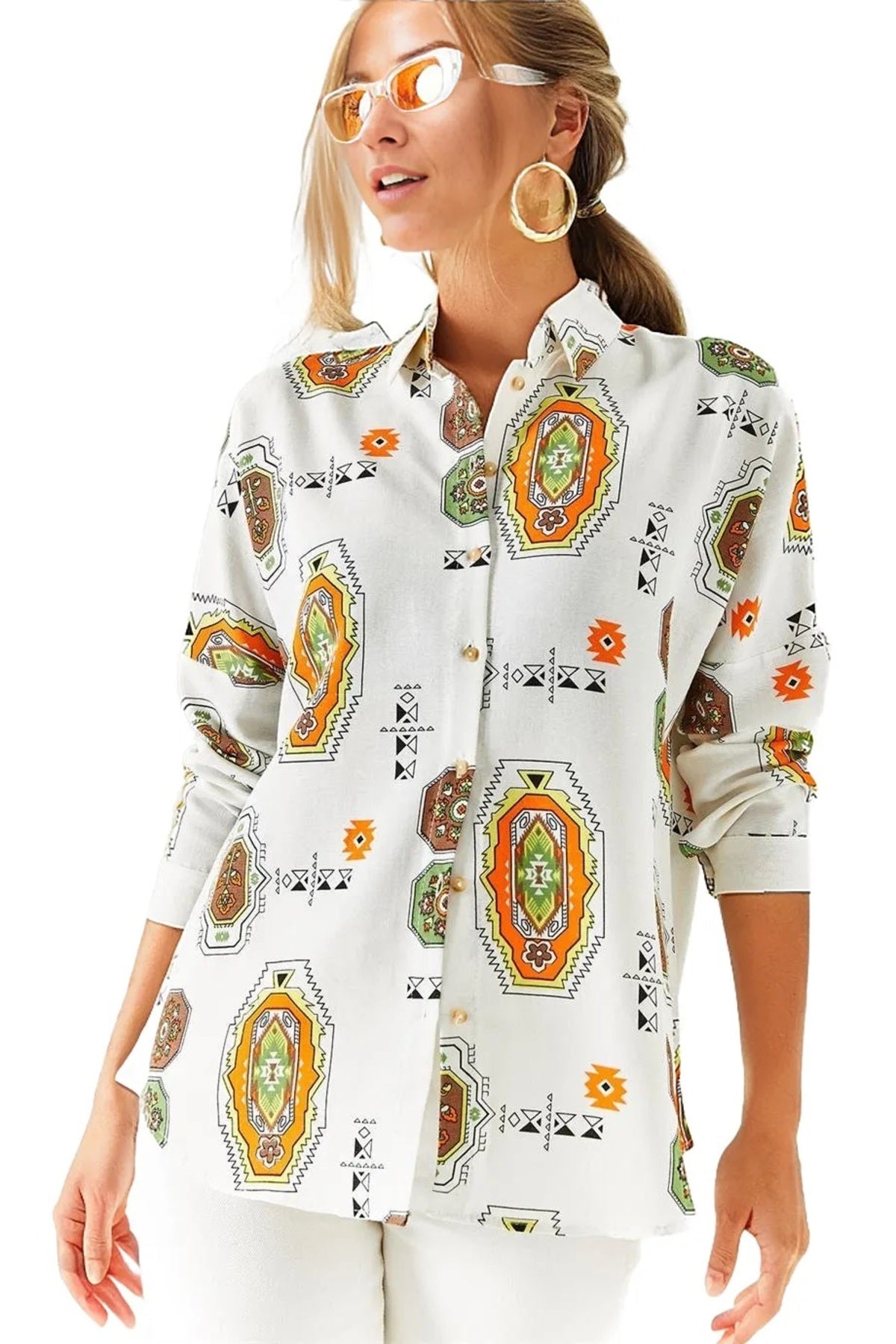 Emilia Women's Linen-Viscose Blend Oversized Printed Shirt - Brown Boho Print