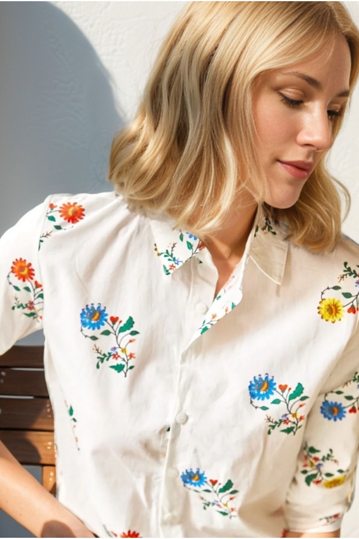 Amelia Women's Viscose Long Sleeve Button-Up Shirt - White with Bright Multicolor Flowers