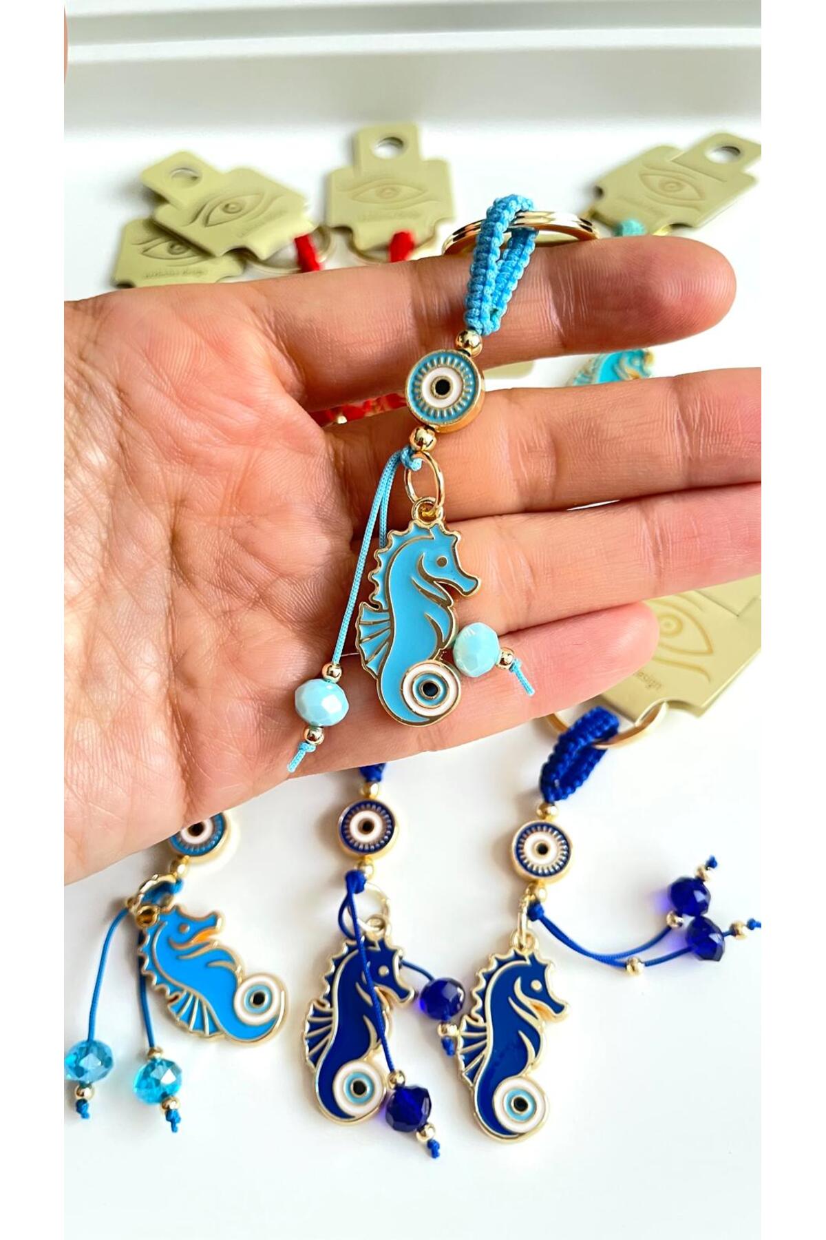 Ivy Gold-Plated Evil Eye Keychain - Light Blue Seahorse