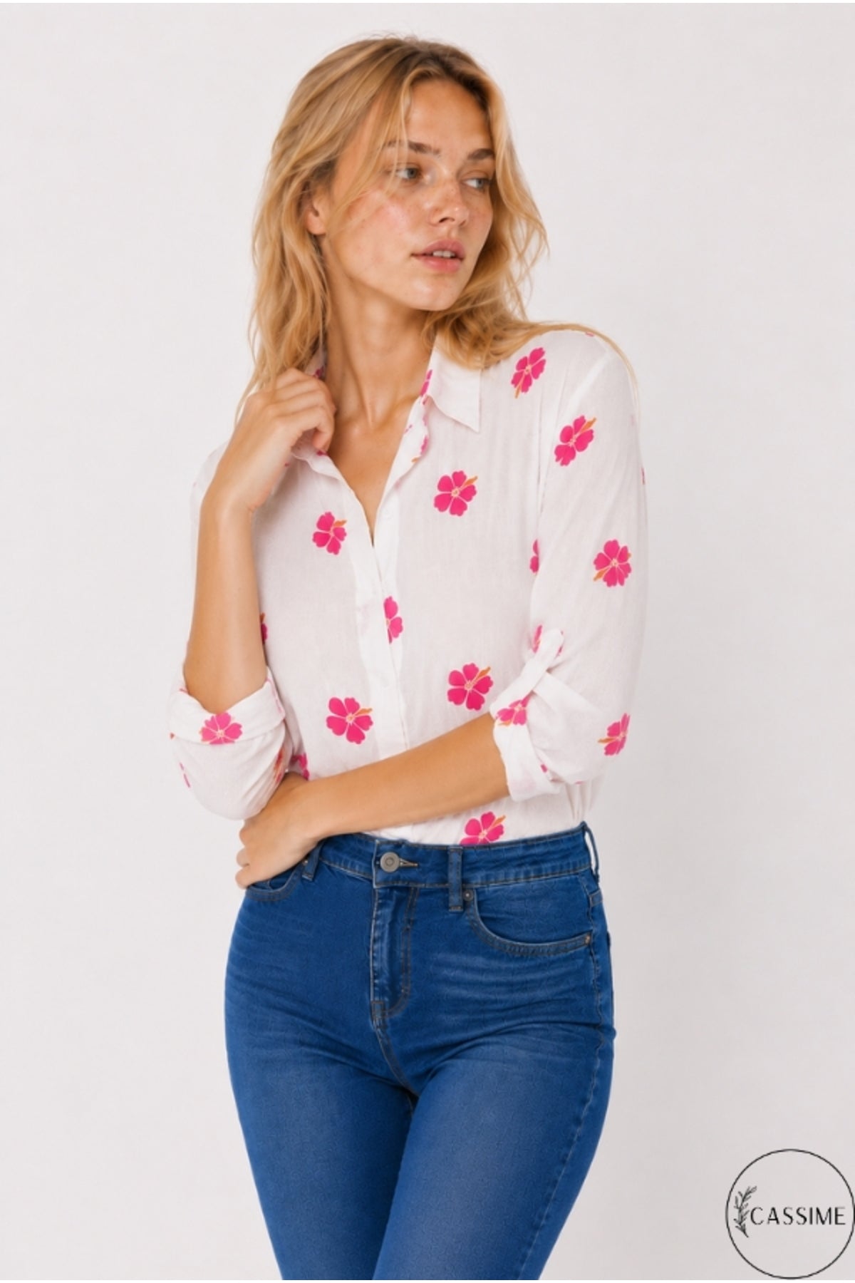 Robyn Women's Linen-Viscose Blend Roll-Sleeve Button-Up Shirt - Pink Clover
